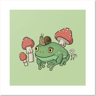 Cute Goblincore Aesthetic: Frog in Snail Hat and Mushrooms Posters and Art